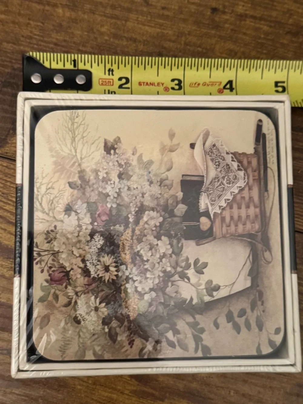 Pat Richter Floral Coaster Set‎ Of 6 Cottage Farmhouse Basket New In Box Cork